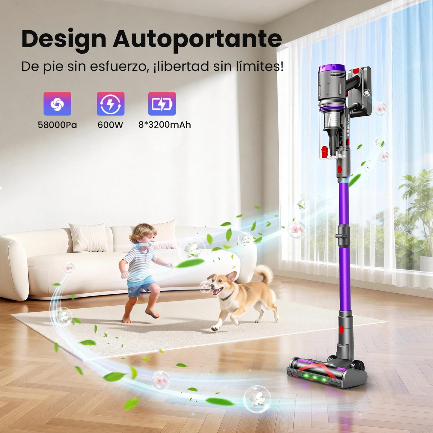 Aspirapolvere Senza Fili, 600W/58000Pa, Scopa Elettrica Senza Fili 75Min, Aspirapolvere Senza Filo con LED Touchscreen, Modalità Automatica Anti-Avvolgimento per Tappeti/Pavimenti/Peli Animali