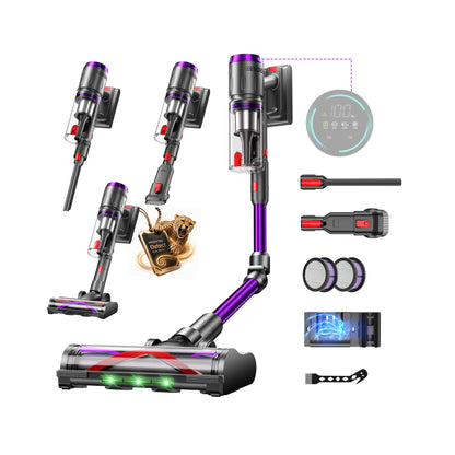 Aspirapolvere Senza Fili, 600W/58000Pa, Scopa Elettrica Senza Fili 75Min, Aspirapolvere Senza Filo con LED Touchscreen, Modalità Automatica Anti-Avvolgimento per Tappeti/Pavimenti/Peli Animali