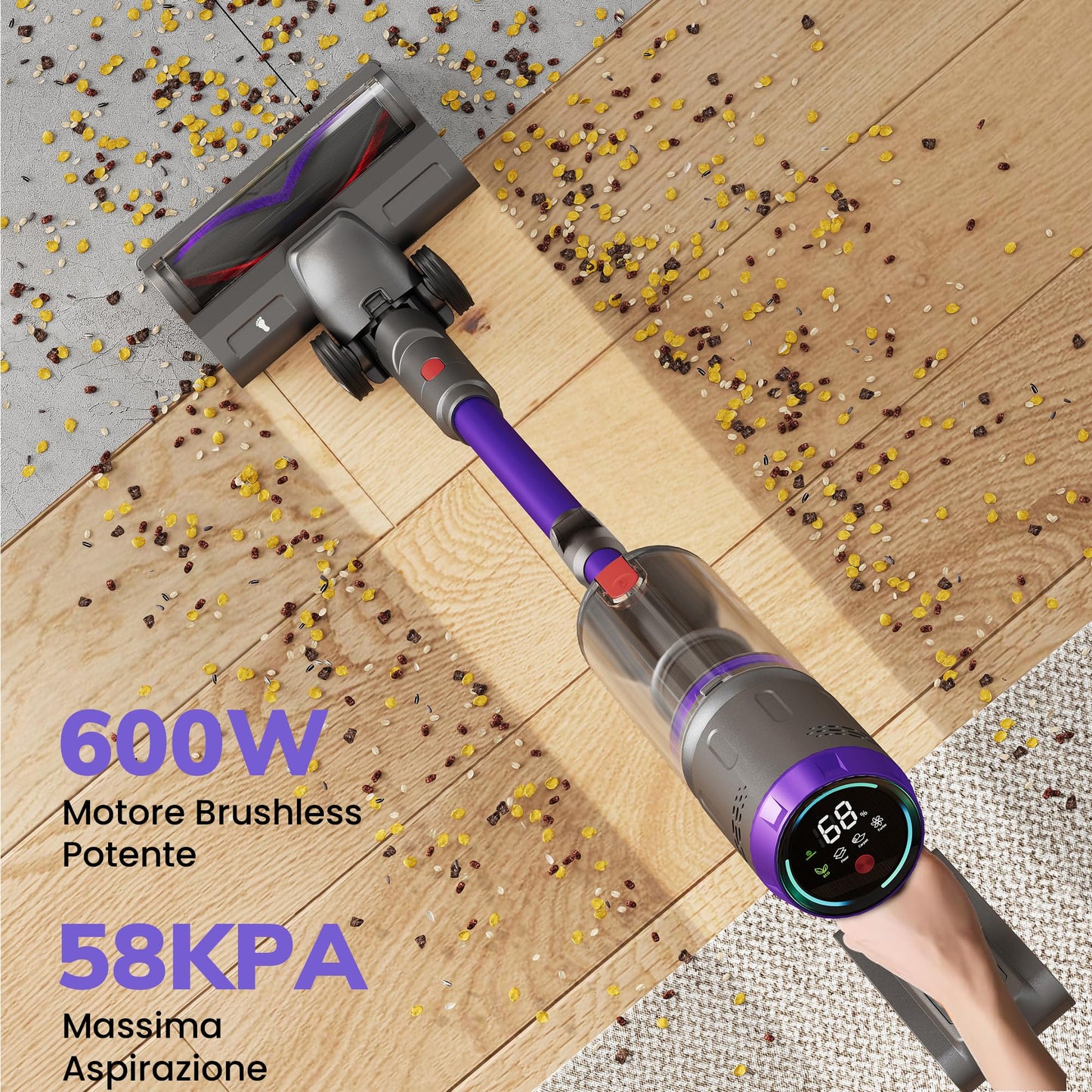 Aspirapolvere Senza Fili Potente, 600W/58000Pa/75Min, Scopa Elettrica Senza Fili con Tubo Flessibile da 1 m, Tosatrice e Spazzola per Animali, Autoportante per Tappeti/Pavimenti/Peli Animali