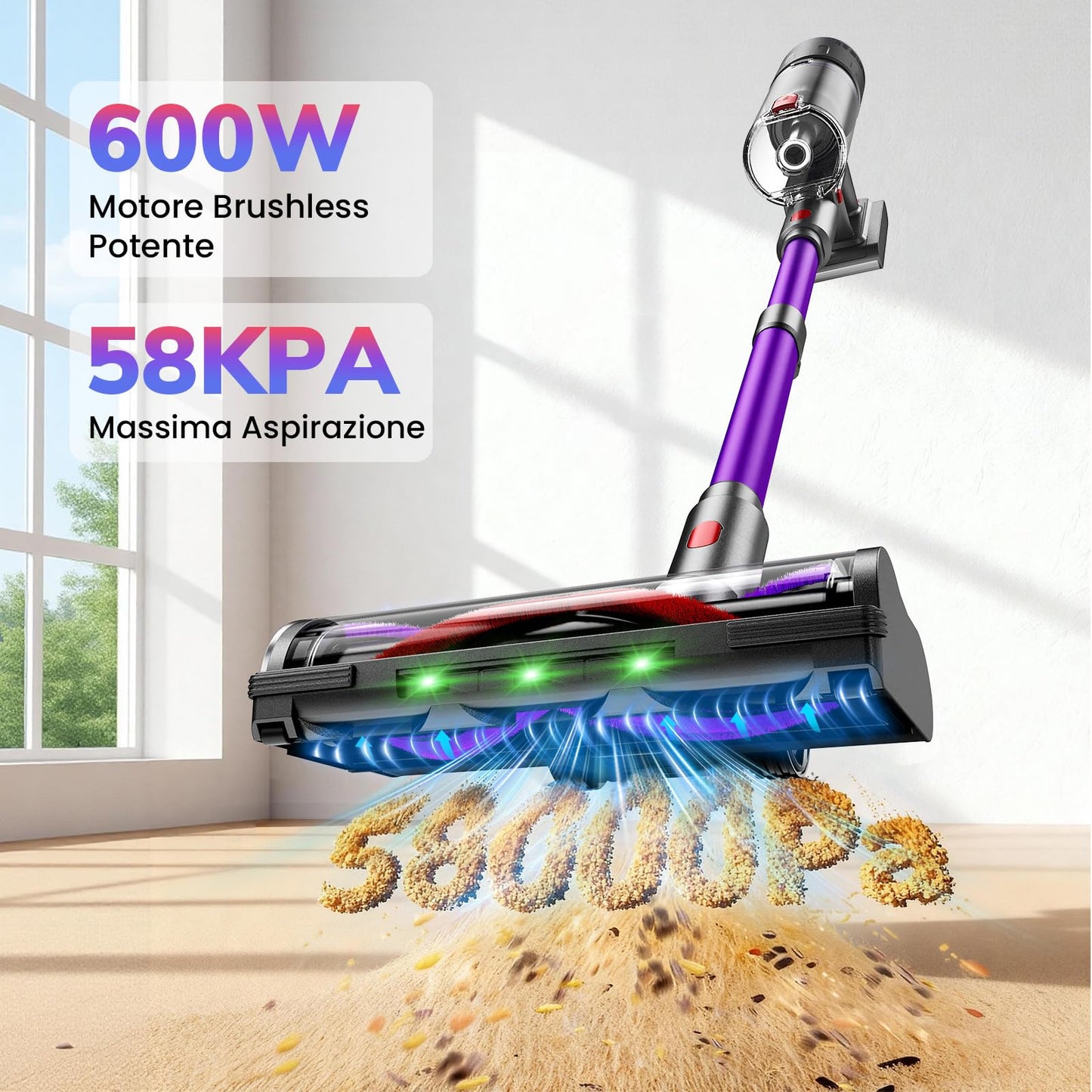 Aspirapolvere Senza Fili, 600W/58000Pa, Scopa Elettrica Senza Fili 75 Min, Aspirapolvere Senza Filo con LED Touchscreen, Autoportante Anti-Avvolgimento per Tappeti/Pavimenti/Peli Animali