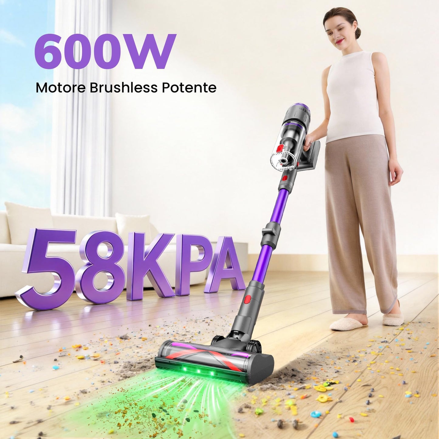 Aspirapolvere Senza Fili 600W/58kPa/75 Min, NOVAX T80 Pure, Scopa Elettrica Senza Fili con Tubo Piegabile, Aspirapolvere Senza Filo Antiacari per Materassi, per Tappeti/Pavimenti/Peli Animali