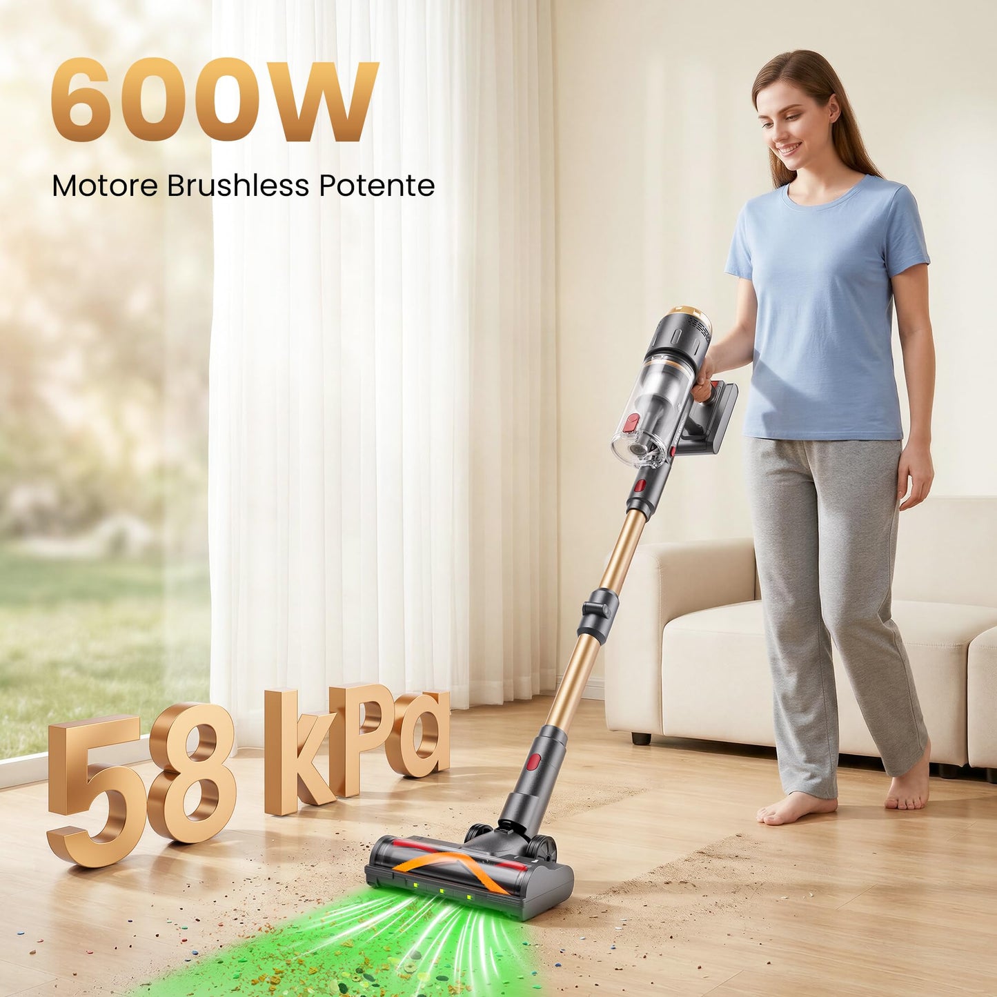 Aspirapolvere Senza Fili, 600W/58kPa/150 Min, Scopa Elettrica Senza Fili con Tubo Pieghevole, Aspirapolvere Senza Filo Antiacari per Materassi, Autoportante per Tappeti/Pavimenti/Peli Animali