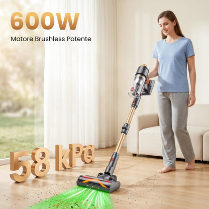 Aspirapolvere Senza Fili, 600W/58kPa/150 Min, Scopa Elettrica Senza Fili con Tubo Pieghevole, Aspirapolvere Senza Filo Antiacari per Materassi, Autoportante per Tappeti/Pavimenti/Peli Animali