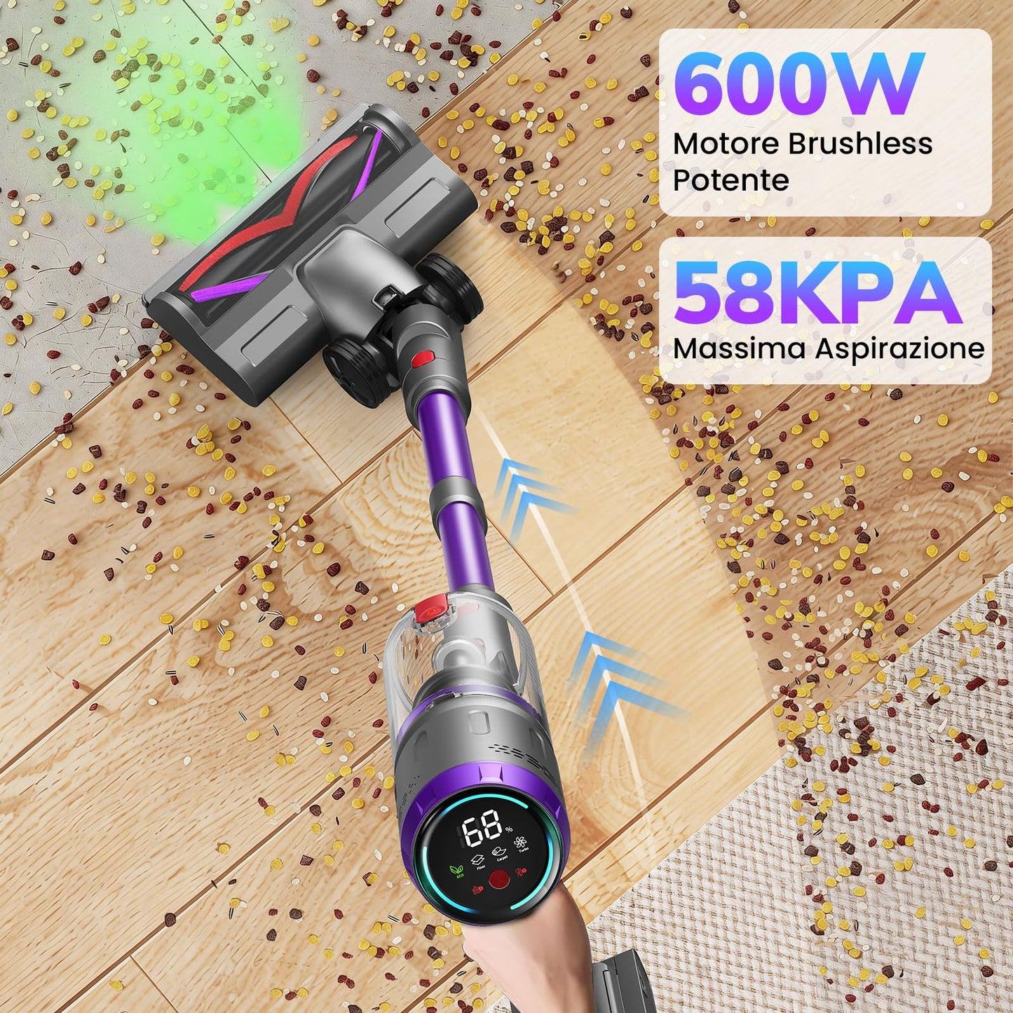 Aspirapolvere Senza Fili 90 Min, 600W/58000Pa, Scopa Elettrica Senza Fili, Aspirapolvere Senza Filo con LED Touchscreen, Autoportante Anti-Avvolgimento per Tappeti/Pavimenti/Peli Animali