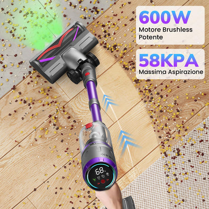 Aspirapolvere Senza Fili 90 Min, 600W/58000Pa, Scopa Elettrica Senza Fili, Aspirapolvere Senza Filo con LED Touchscreen, Autoportante Anti-Avvolgimento per Tappeti/Pavimenti/Peli Animali