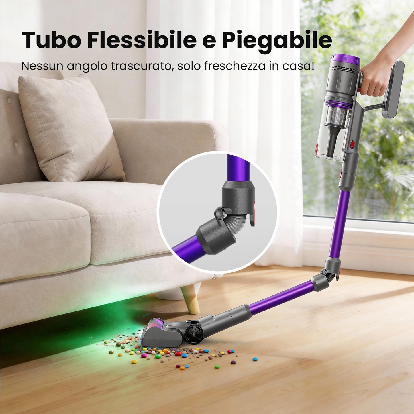 Aspirapolvere Senza Fili 600W/58kPa/75 Min, NOVAX T80 Pure, Scopa Elettrica Senza Fili con Tubo Piegabile, Aspirapolvere Senza Filo Antiacari per Materassi, per Tappeti/Pavimenti/Peli Animali