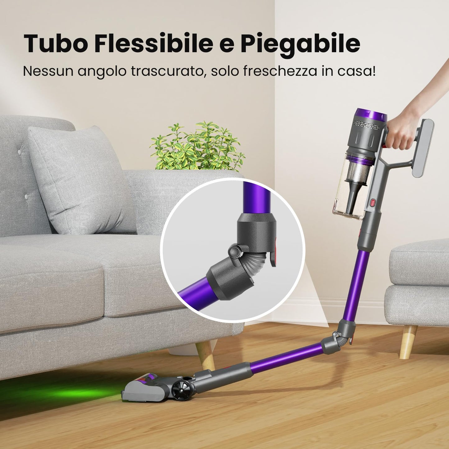 FURGO Flex V16 Aspirapolvere Senza Fili, 600W/58000Pa/75Min, Scopa Elettrica Senza Fili con Tubo Pieghevole, Tubo flessibile da 1 m, Spazzola per animali, Per Pavimenti/Tappeti