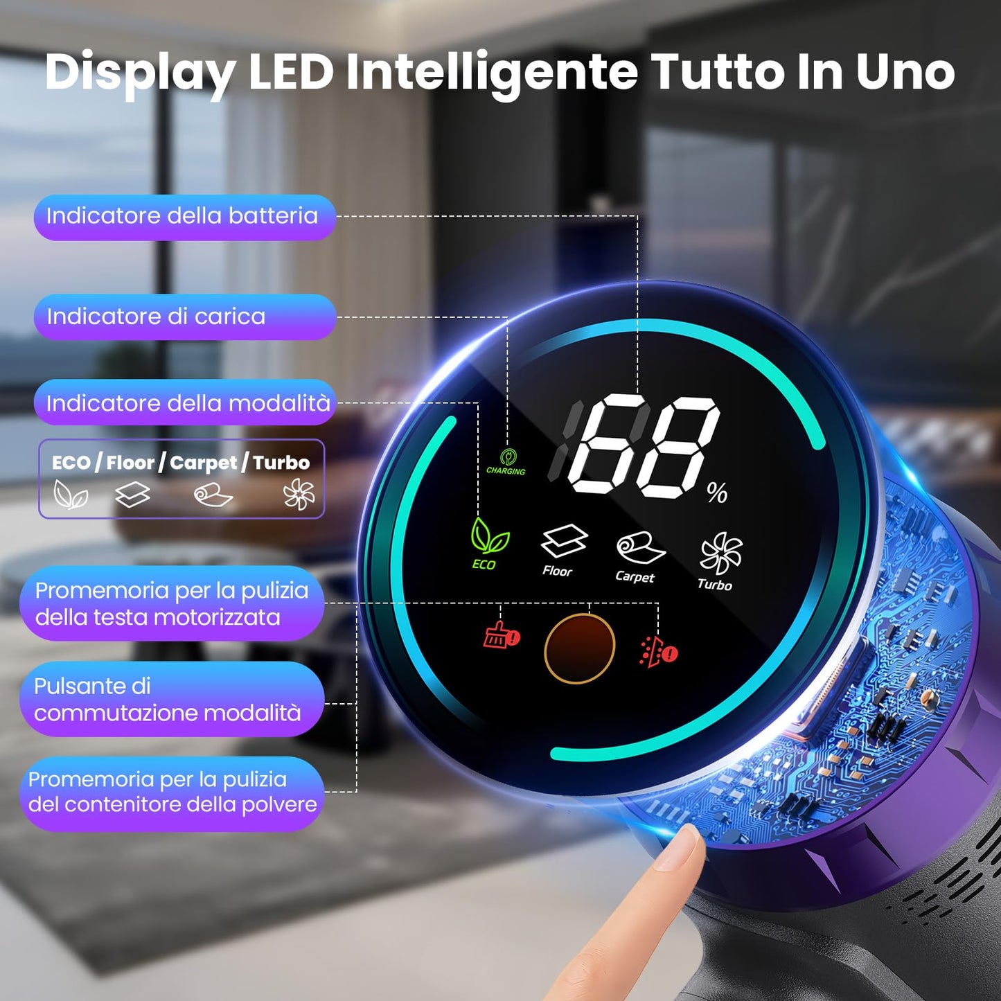 Aspirapolvere Senza Fili 90 Min, 600W/58000Pa, Scopa Elettrica Senza Fili, Aspirapolvere Senza Filo con LED Touchscreen, Autoportante Anti-Avvolgimento per Tappeti/Pavimenti/Peli Animali