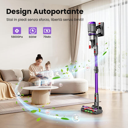 Aspirapolvere Senza Fili 600W/58kPa/75 Min, NOVAX T80 Pure, Scopa Elettrica Senza Fili con Tubo Piegabile, Aspirapolvere Senza Filo Antiacari per Materassi, per Tappeti/Pavimenti/Peli Animali