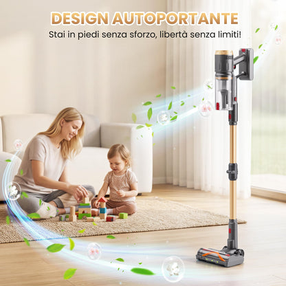 Aspirapolvere Senza Fili, 600W/58kPa/150 Min, Scopa Elettrica Senza Fili con Tubo Pieghevole, Aspirapolvere Senza Filo Antiacari per Materassi, Autoportante per Tappeti/Pavimenti/Peli Animali