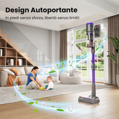 Aspirapolvere Senza Fili Potente, 600W/58000Pa/75Min, Scopa Elettrica Senza Fili con Tubo Flessibile da 1 m, Tosatrice e Spazzola per Animali, Autoportante per Tappeti/Pavimenti/Peli Animali